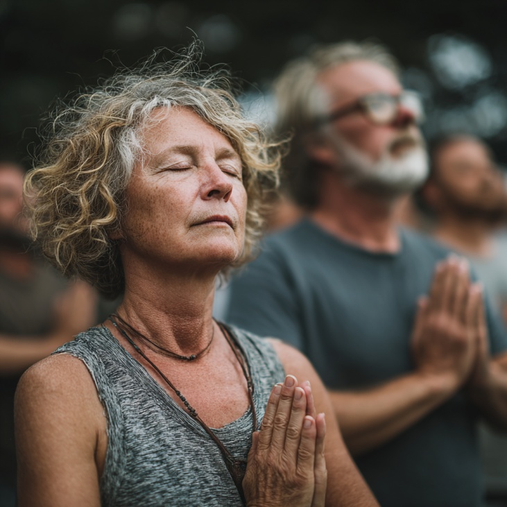 Пожилі люди займаються йогою
